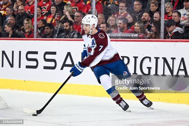 Colorado Avalanche Defenceman Devon Toews skates with the puck during the first period of an NHL game between the Calgary Flames and the Colorado...