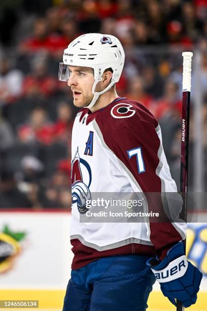 Colorado Avalanche Defenceman Devon Toews looks on after a whistle during the first period of an NHL game between the Calgary Flames and the Colorado...