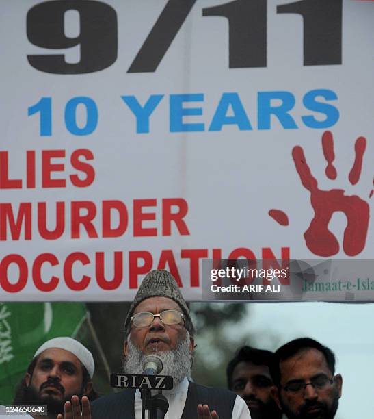 Leader of Jamaat-e-Islami, Pakistan Munawar Hasan , addresses a protest rally in Lahore on September 11 on the 10th anniversary of the Sept 11...