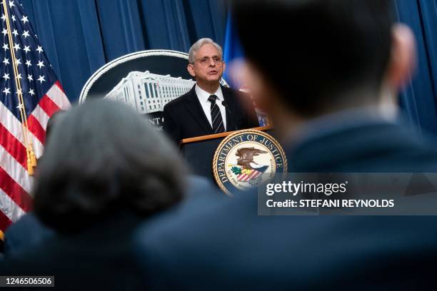 Attorney General Merrick Garland speaks during a news conference at the Justice Department building in Washington, DC, on January 24, 2023. - The...