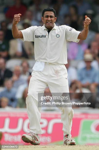 Anil Kumble of India celebrates the wicket of England batsman Alastair Cook on day three of the 3rd Test match between England and India at The Oval,...