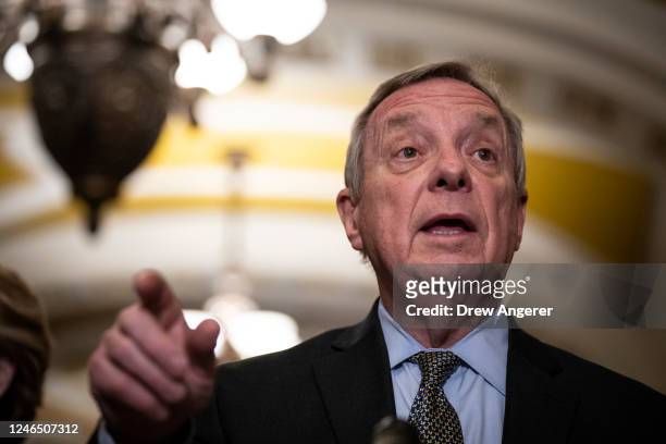 Sen. Dick Durbin speaks during a news conference following a closed-door lunch meeting with Senate Democrats at the U.S. Capitol January 24, 2023 in...