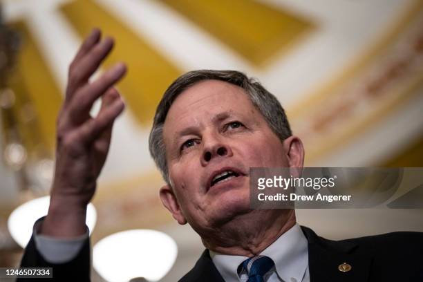 Sen. Steve Daines speaks during a news conference following a closed-door lunch meeting with Senate Republicans at the U.S. Capitol January 24, 2023...