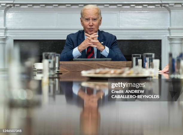 President Joe Biden speaks as he hosts Democratic Congressional leaders in the Roosevelt Room of the White House in Washington, DC, on January 24,...