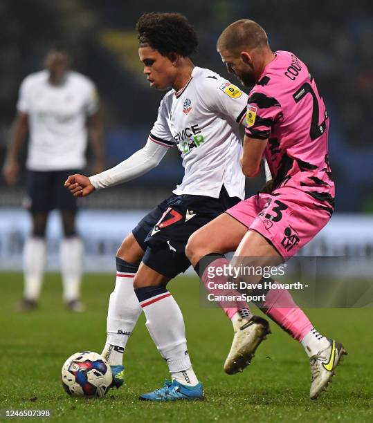 Bolton Wanderers' Shola Shoretire battles with Forest Green Rovers' Brandon Cooper during the Sky Bet League One between Bolton Wanderers and Forest...