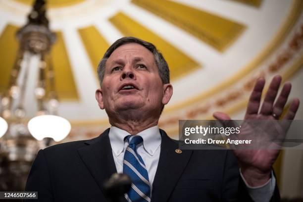 Sen. Steve Daines speaks during a news conference following a closed-door lunch meeting with Senate Republicans at the U.S. Capitol January 24, 2023...