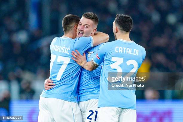 Sergej Milinkovic-Savic of SS Lazio celebrates after scoring first goal during the Serie A match between SS Lazio and AC Milan at Stadio Olimpico,...
