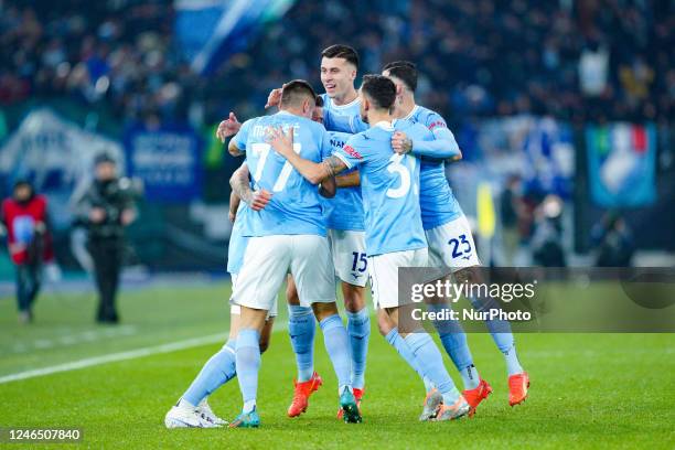 Sergej Milinkovic-Savic of SS Lazio celebrates after scoring first goal during the Serie A match between SS Lazio and AC Milan at Stadio Olimpico,...