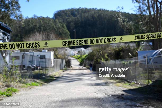 Police cordon off the crime scene of a mass shooting that left seven people dead and one injured on Monday, in Half Moon Bay, California, United...