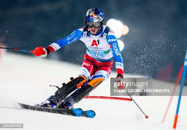 France's Clement Noel competes during the first run of the men's slalom competition of the FIS Ski World Cup in Schladming, Austria, on January 24,...