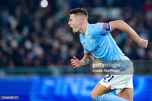 Sergej Milinkovic-Savic of SS Lazio celebrates after scoring first goal during the Serie A match between SS Lazio and AC Milan at Stadio Olimpico,...