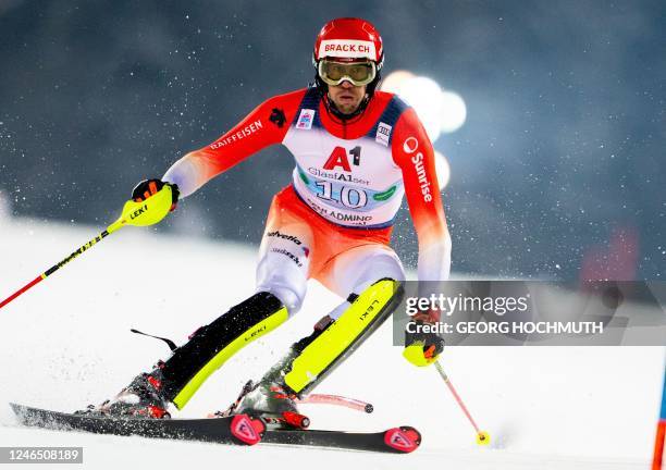 Switzerland's Ramon Zenhausern competes during the first run of the men's slalom competition of the FIS Ski World Cup in Schladming, Austria, on...