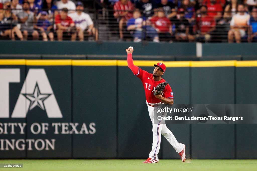 Texas Ranger Collection Ball Elier Hernandez of the Texas Rangers throws the ball during a game ...