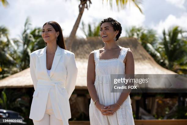 Roselyn Sanchez and Kiara Barnes in the Hurricane Helene/The Bachelor Party episode of FANTASY ISLAND airing Monday, Jan. 9 on FOX.