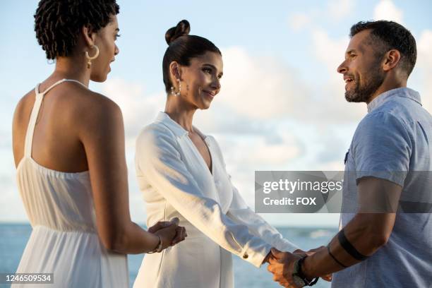 Kiara Barnes, Roselyn Sanchez and John G. Rodriquez in the Hurricane Helene/The Bachelor Party episode of FANTASY ISLAND airing Monday, Jan. 9 on FOX.