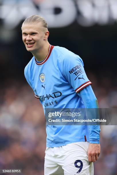 Erling Haaland of Manchester City laughs and smiles during the Premier League match between Manchester City and Wolverhampton Wanderers at Etihad...
