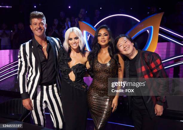Robin Thicke, Jenny McCarthy, Nicole Scherzinger and Ken Jeong in the Fright Night episode of THE MASKED SINGER airing Wednesday, Nov. 23 on FOX.