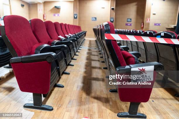 Seat with a sign that says "Out of service" to ensure social distancing at the "Carabela" show in the Casa de la Cultura de Muros on June 5, 2020 in...