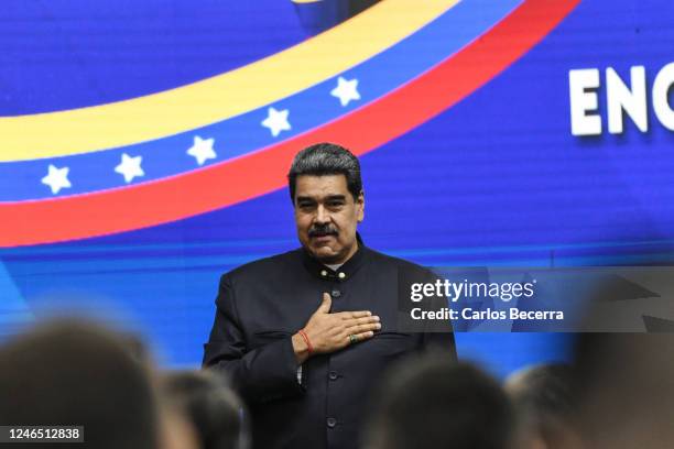 President of Venezuela Nicolas Maduro gestures during a meeting with Turkish Minister of Commerce Mehmet Mus the day after the announcement that he...