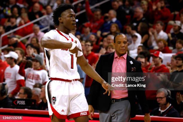 Jarkel Joiner of the NC State Wolfpack reacts following a three-point basket during the first half of the game against the Notre Dame Fighting Irish...