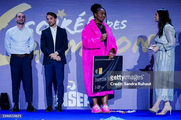 Romain CANNONE of France, Hugo BOUCHERON of France and Romane DICKO of France and Cecile GRES of France TV during La Soiree des Champions of INSEP at...