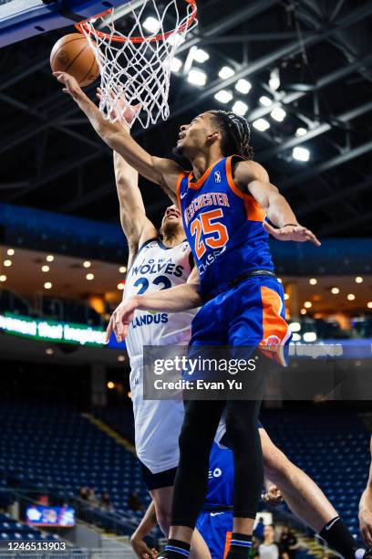 Jalen Johnson of the Westchester Knicks blocks a shot against the Iowa Wolves on January 24, 2023 at Total Mortgage Arena in Bridgeport, Connecticut....