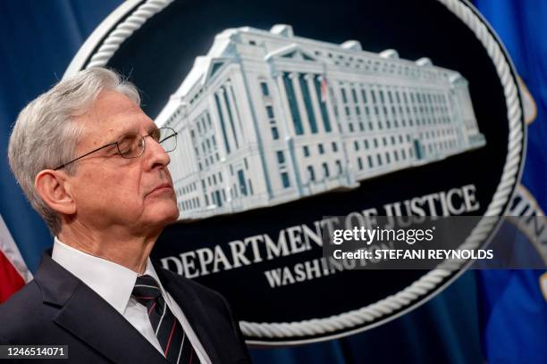 Attorney General Merrick Garland gestures during a news conference at the Justice Department in Washington, DC, on January 24, 2023. - The Justice...