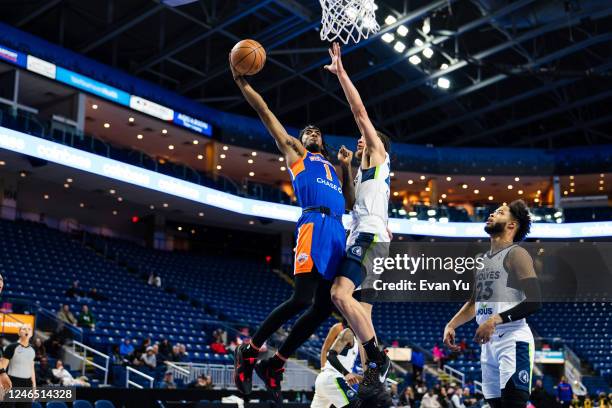 Quinton Rose of the Westchester Knicks dunks the ball against the Iowa Wolves on January 24, 2023 at Total Mortgage Arena in Bridgeport, Connecticut....