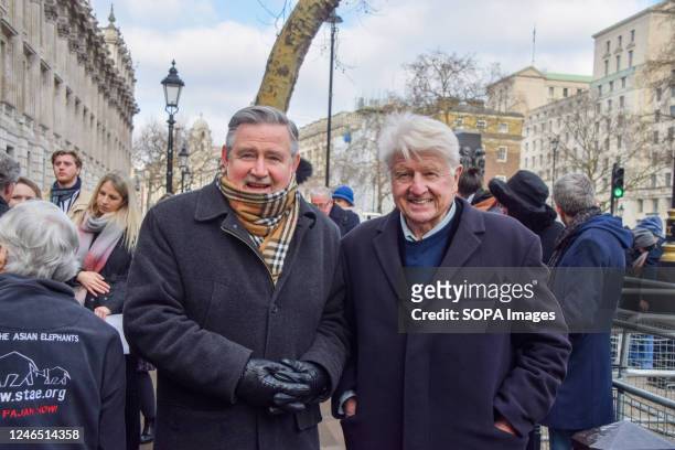 Labour MP Barry Gardiner and Stanley Johnson , father of former UK PM Boris Johnson join the activists from the organisation Save The Asian Elephants...