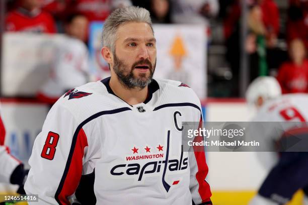 Alex Ovechkin of the Washington Capitals skates prior to the game against the Colorado Avalanche at Ball Arena on January 24, 2023 in Denver,...