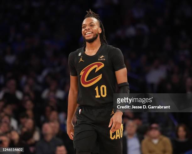 Darius Garland of the Cleveland Cavaliers smiles during the game against the New York Knicks on January 24, 2023 at Madison Square Garden in New York...