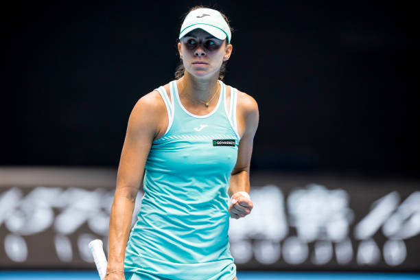 Magda Linette of Poland celebrates during the Quarterfinals of the 2023 Australian Open on January 25 2023, at Melbourne Park in Melbourne, Australia.
