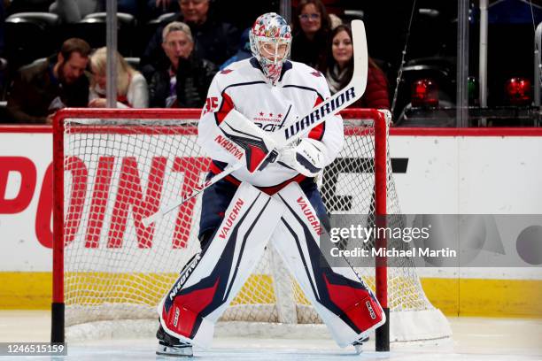Goaltender Darcy Kuemper of the Washington Capitals warms up prior to the game against the Colorado Avalanche at Ball Arena on January 24, 2023 in...