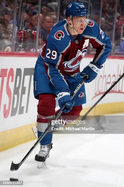 Nathan MacKinnon of the Colorado Avalanche skates against the Washington Capitals at Ball Arena on January 24, 2023 in Denver, Colorado.