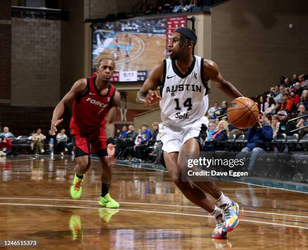 January 24: Blake Wesley of the Austin Spurs drives to the basket against the Sioux Falls Skyforce at the Sanford Pentagon on January 24, 2023 in...