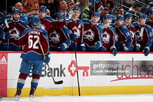 Artturi Lehkonen of the Colorado Avalanche celebrates a goal against the Washington Capitals at Ball Arena on January 24, 2023 in Denver, Colorado.