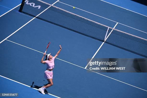 Croatia's Donna Vekic serves against Belarus' Aryna Sabalenka during their women's singles quarter-final match on day ten of the Australian Open...