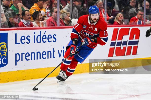 Montreal Canadiens right wing Josh Anderson plays the puck during the Boston Bruins versus the Montreal Canadiens game on January 24 at Bell Centre...