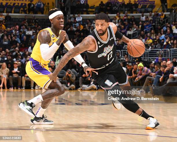 Paul George of the LA Clippers drives to the basket during the game against the Los Angeles Lakers on January 24, 2023 at Crypto.Com Arena in Los...