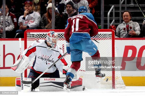 Andrew Cogliano of the Colorado Avalanche scores against the Washington Capitals at Ball Arena on January 24, 2023 in Denver, Colorado.