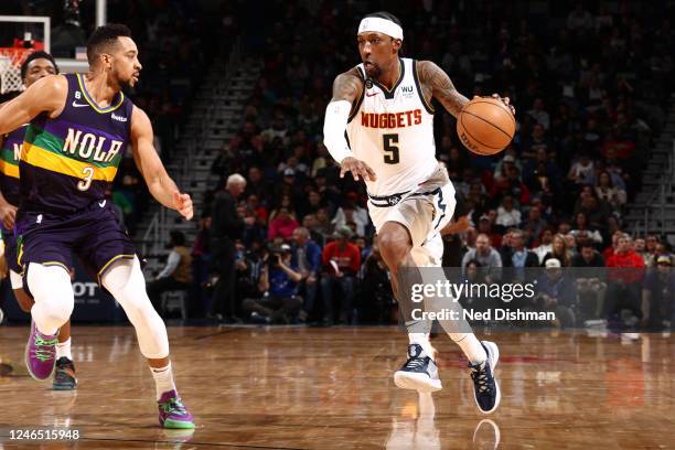 Kentavious Caldwell-Pope of the Denver Nuggets moves the ball during the game against the New Orleans Pelicans on January 24, 2023 at the Smoothie...