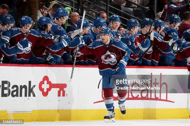 Andrew Cogliano of the Colorado Avalanche celebrates a goal against the Washington Capitals at Ball Arena on January 24, 2023 in Denver, Colorado.