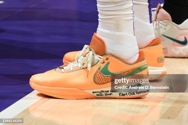 The sneakers worn by LeBron James of the Los Angeles Lakers during the game against the LA Clippers on January 24, 2023 at Crypto.Com Arena in Los...