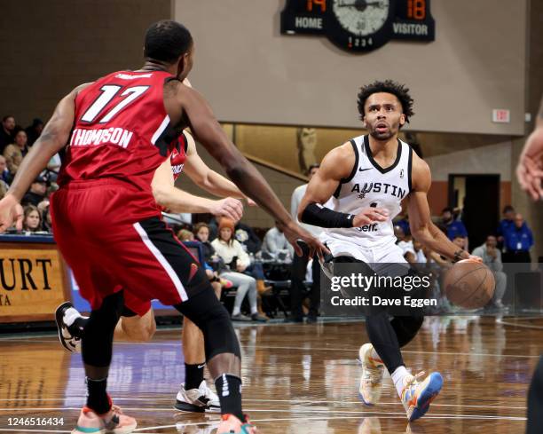 January 24: Jalen Adaway of the Austin Spurs eyes the basket against the Sioux Falls Skyforce at the Sanford Pentagon on January 24, 2023 in Sioux...