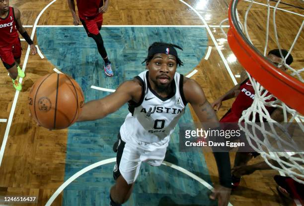 January 24: Adrian Delph of the Austin Spurs lays the ball up against the Sioux Falls Skyforce at the Sanford Pentagon on January 24, 2023 in Sioux...