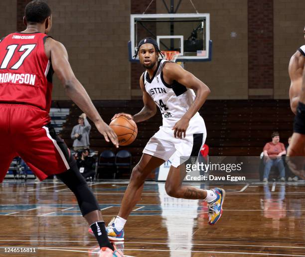 January 24: Blake Wesley of the Austin Spurs dribbles the ball against the Sioux Falls Skyforce at the Sanford Pentagon on January 24, 2023 in Sioux...