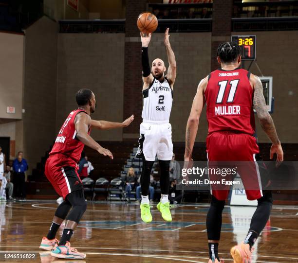 January 24: Tommy Kuhse of the Austin Spurs shoots a three pointer against the Sioux Falls Skyforce at the Sanford Pentagon on January 24, 2023 in...