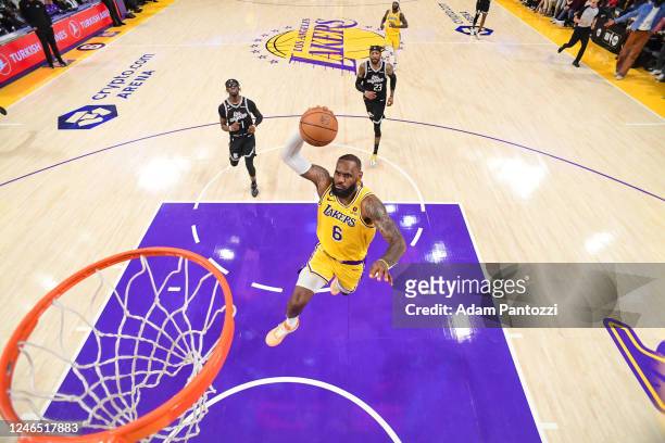 LeBron James of the Los Angeles Lakers drives to the basket during the game against the LA Clippers on January 24, 2023 at Crypto.Com Arena in Los...