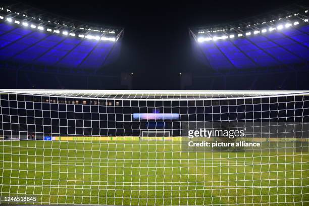 January 2023, Berlin: Soccer: Bundesliga, Hertha BSC - VfL Wolfsburg, Matchday 17, Olympiastadion, the soccer goal in the east curve before the start...