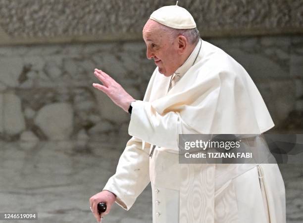 Pope Francis blesses attendees at the start of the weekly general audience on January 25, 2023 at Paul-VI hall in The Vatican.